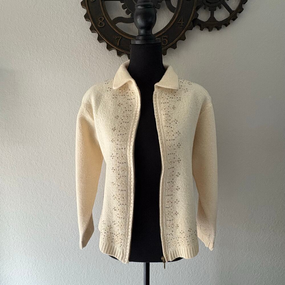 VTG LORD & TAYLOR Wool Cardigan Bone Sz XL Old Money Classy Coastal Grandma